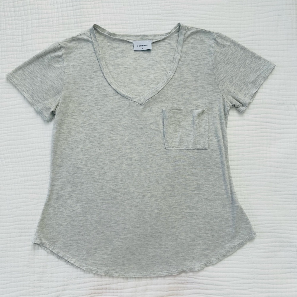 Adrienne light gray lightweight v-neck pocket tee size Medium t-shirt Super soft - Picture 1 of 7